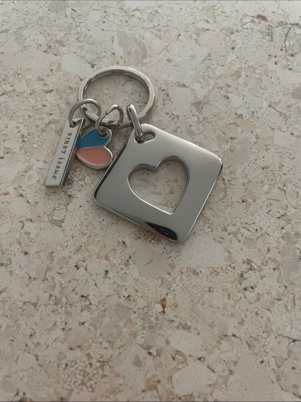 Silver Heart Cutout Keychain with Blue & Pink Enamel Heart